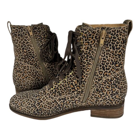Lucky Brand Leopard Hestawn Lace Up Combat Moto Boots 8 Brown Leather Cheetah - Picture 5 of 8